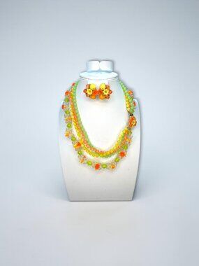 Selro Selini Fluorescent Lucite Bead Necklace Earrings Set 1960s Vintage Glow